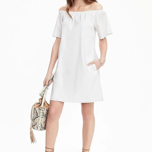 J. Crew Dress White Cotton Poplin Off Shoulder Dress Size 2 - Picture 1 of 8